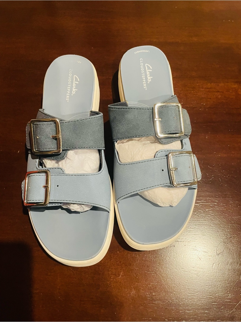 Clarks Light Blue Double Buckle Slide Sandals